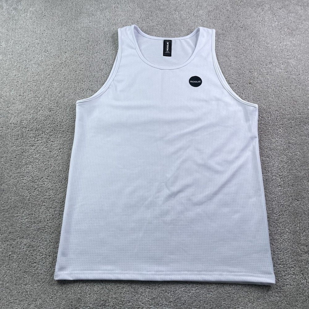 Rogue Fitness Shirt Mens Medium White Mesh Tank Top Logo Gym Workout Crossfit